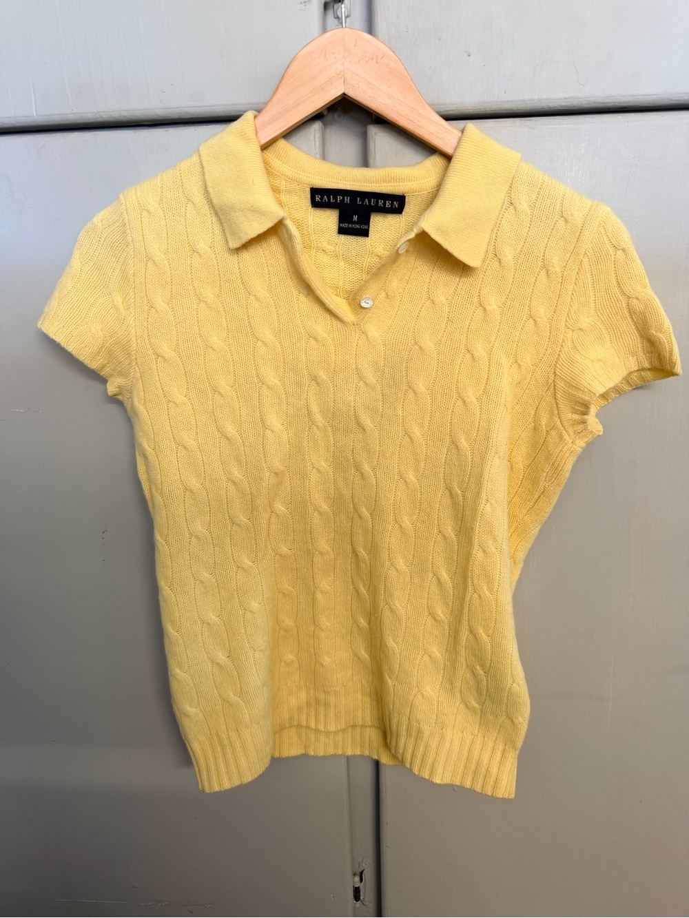 Ralph Lauren 100% Cashmere Yellow Cable-Knit Collared Short Sleeve Sweater M